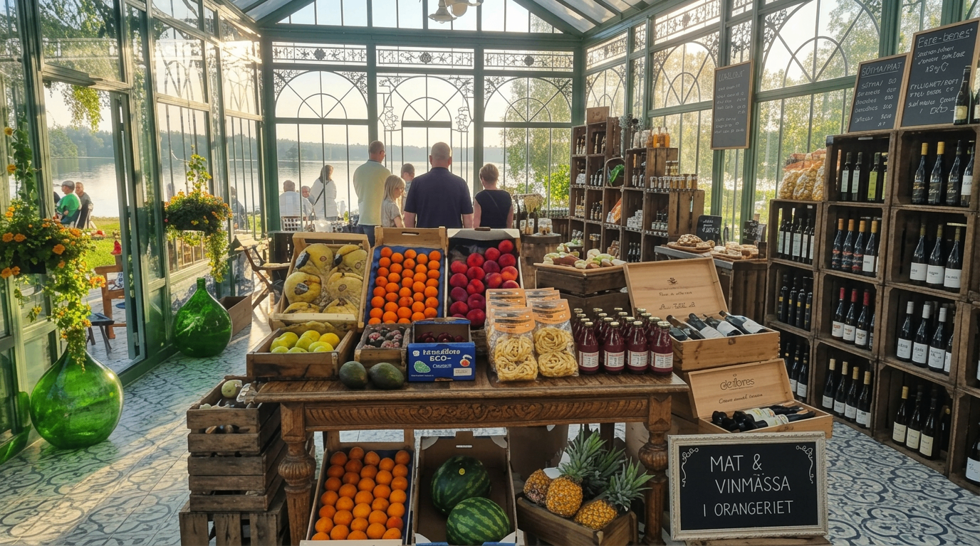 Divinoil italiensk marknad i Orangeriet med utsikt mot vattnet