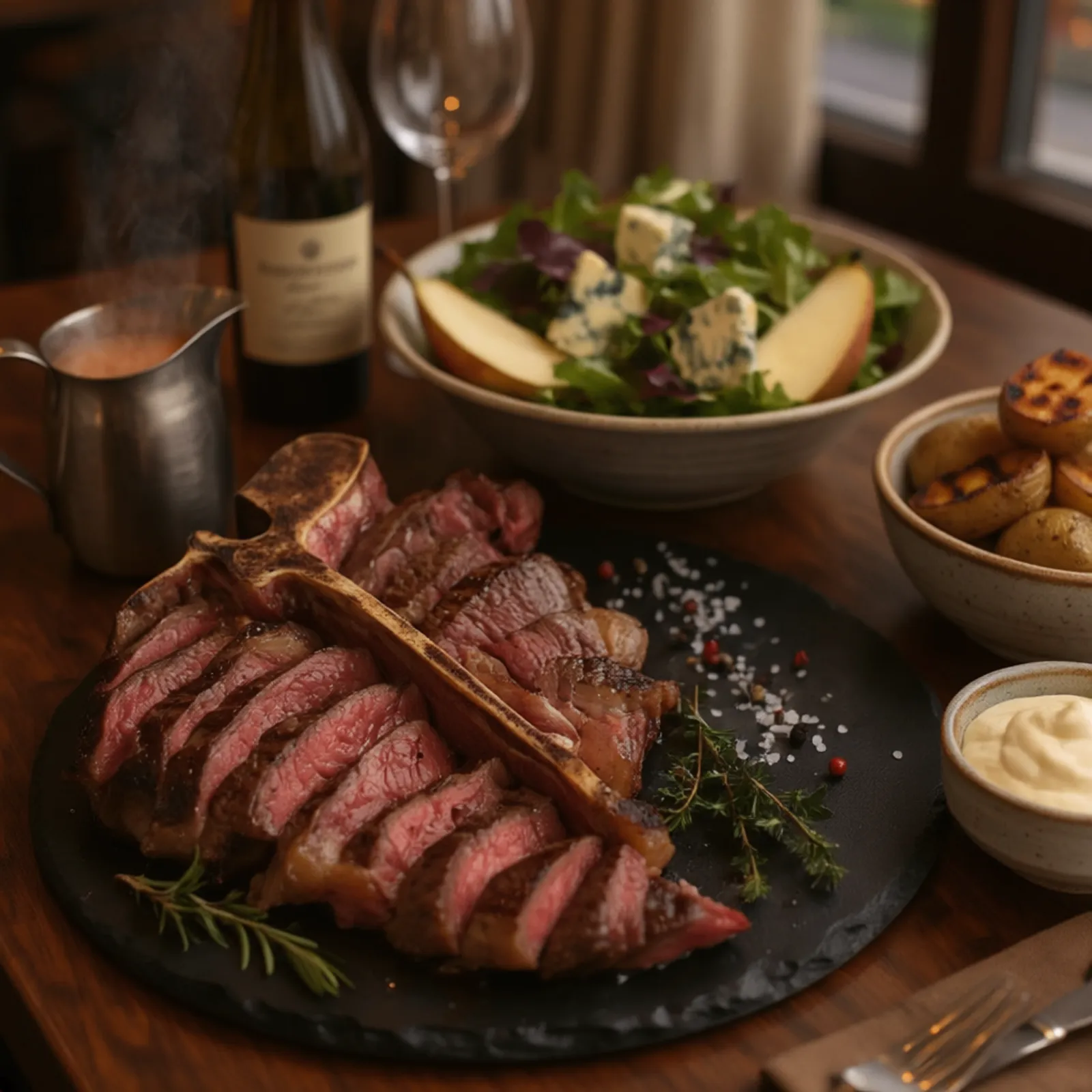 Florentinsk stek – Bistecca alla Fiorentina, tranchérad T-bensstek serverad med sallad, potatis och såser