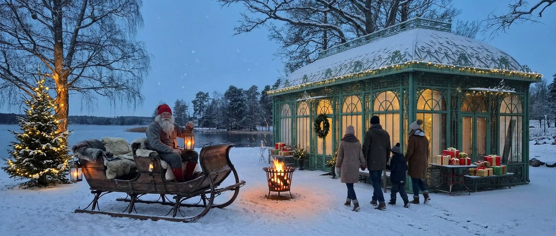 Sjötullens orangeri vid sjön i vinterskrud med julbelysning, en tomte i en traditionell träsläde, en upplyst julgran, en brinnande eldkorg och gäster på väg in